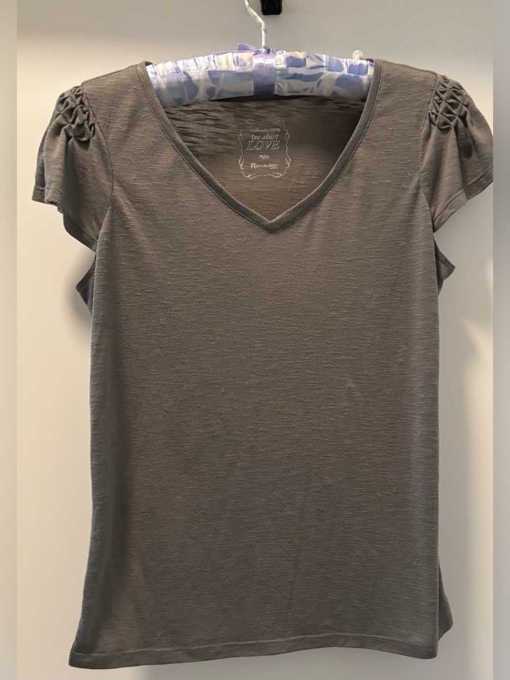 Revolution Women's Olive green V-Neck Short Sleeve Tee with Ruched Shoulders